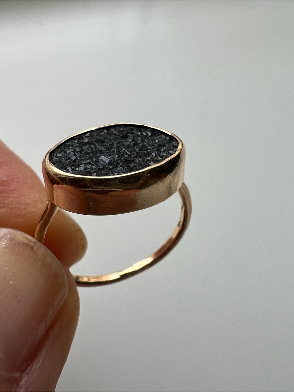 Melissa Joy Manning Gold Ring with Black Druzy Oval Stone
